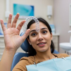 patient holding Invisalign in Virginia Beach VA